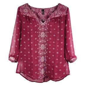 Maurices Print 3/4 Sleeve Sheer Layering V Neck Blouse Top